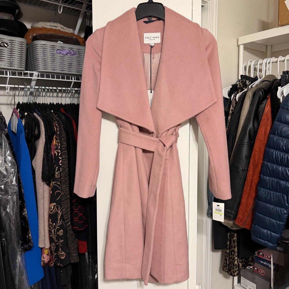 NWT Cole Haan Signature Slick Wool Blend Wrap Coat in Blush Pink Size 4 - Picture 2 of 7